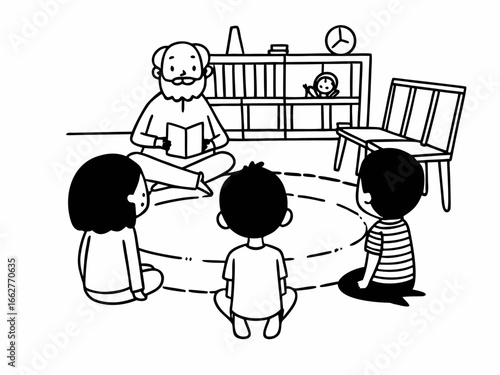 Charming story time with grandpa reading to kids in cozy room, vector illustration