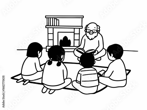 Heartwarming bedtime story illustration with children gathered around cozy fireplace