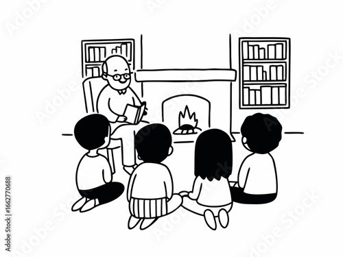 Heartwarming story time by the fire for children, fostering imagination and creativity