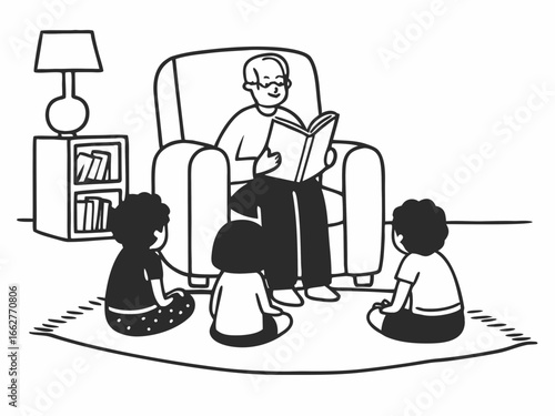 Cozy story time with grandpa reading aloud to his grandchildren at home together