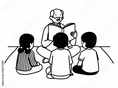 Charming illustration of children listening intently to a story being read aloud