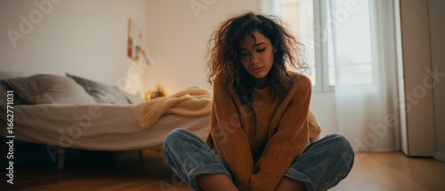 A young woman who is quite depressed is sitting on her bed, weeping, and tears are streaming down her cheeks. On the floor, she sits. Her desperation is evident.