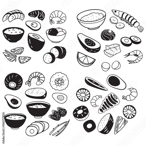 poke bowl collection. Salmon, cucumber, tomato, egg, shrimp, and other vector silhouette