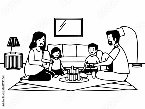 Happy family playing a building block game together in the living room having fun