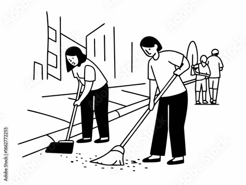 Dedicated team cleaning city streets with brooms for a cleaner community initiative
