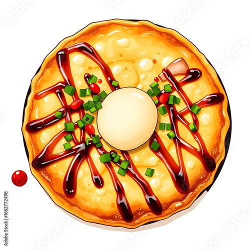Delicious okonomiyaki japanese savory pancake dish with toppings and sauce from above white background