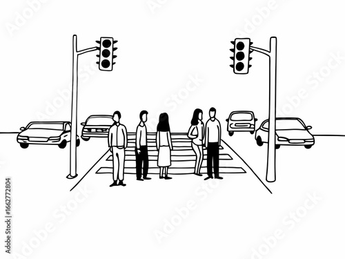 People waiting to cross at a zebra crossing, a lighthearted illustration of city life