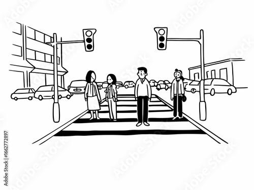 Modern urban illustration of people crossing a street at a crosswalk downtown
