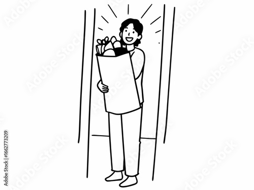 Happy person arrives home with groceries, feeling accomplished and ready to cook