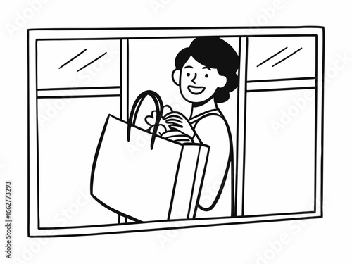 Smiling woman cheerfully arrives home with shopping bag full of flowers and joy
