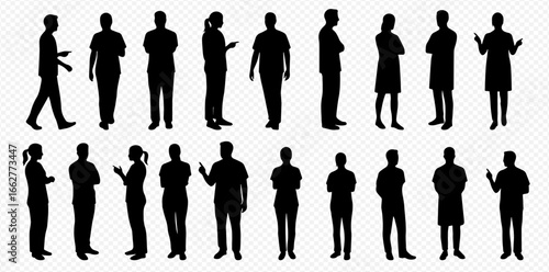 A collection of diverse male and female human silhouettes in various standing and walking poses, depicting different professions and everyday actions.