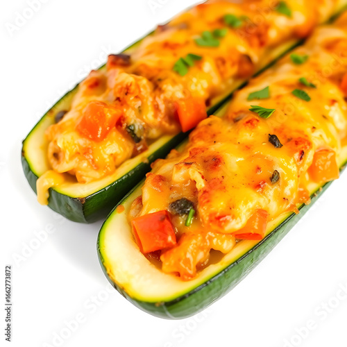 Delicious baked zucchini boats filled with savory toppings and melted cheese white background