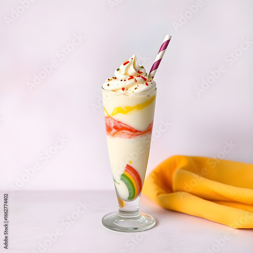 Delicious rainbow milkshake with whipped cream sprinkles and striped straw white background