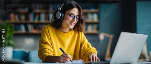 Young, happiness smiling adult student using headphones while taking notes on a laptop at home and participating in an online virtual education class meeting and e-learning webinar.