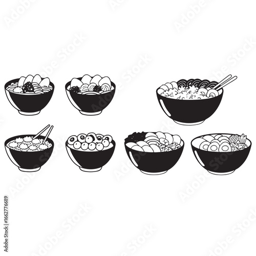 poke bowl collection. Salmon, cucumber, tomato, egg, shrimp, and other vector silhouette