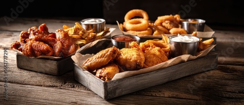 The delicious chicken wings and fries platter for perfect snack sharing.