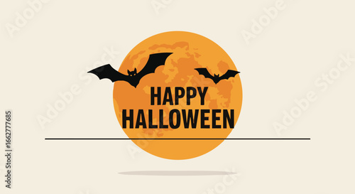 Silhouette bats fly before a large orange Halloween moon.