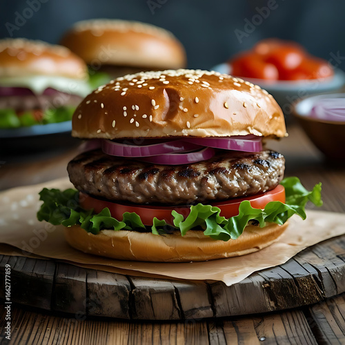 Close-Up of Homemade Beef Burger with Rustic Presentation