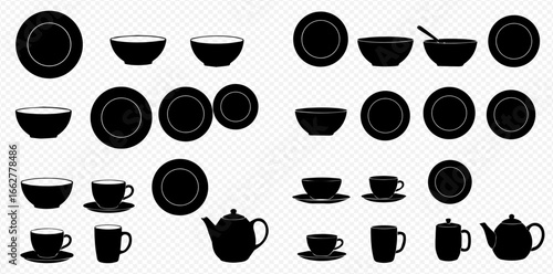 Minimalist black silhouette vector icons of assorted dinnerware, drinkware, and serving items including plates, bowls, cups, and teapots.