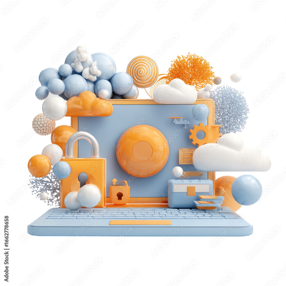 Obraz premium 3D rendered laptop with security elements