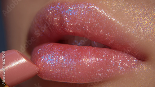 Close-Up of Lips Applying Sparkling Pink Glitter Lipstick