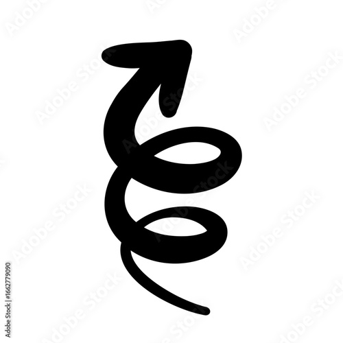 手描きのスムーズな黒いペンのくるくる矢印。螺旋。抑揚のあるダイナミックなシルエット。ベクター。背景透過