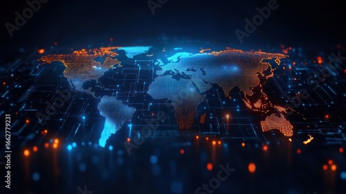 Digital world map with illuminated continents in blue and orange glowing circuits representing global technology connections in a dark futuristic setting