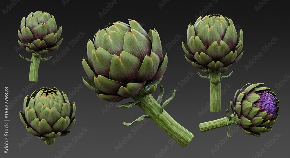 Fototapeta premium Vibrant Green Artichokes with Purple Hues on Dark Gradient Background