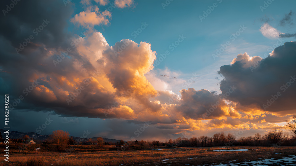 Obraz premium Winter clouds glowing at sunset during golden hour with warm light and serene atmospheric sky scene