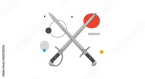 Two crossed swords displaying artistic combat skills through modern geometric shapes and vibrant circles presenting a creative visual representation of a duel