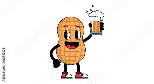 A retro cartoon peanut character with a friendly smile holding a refreshing glass of beer with frothy bubbles above its head in a celebratory pose