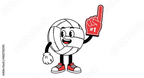Cartoon volleyball character holding up a number one foam finger showing victory and enthusiasm