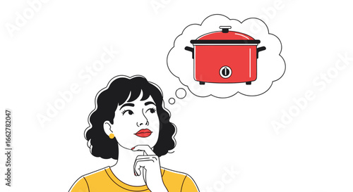 Woman contemplating purchasing a new red slow cooker for delicious home cooked meals