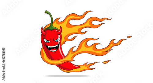 Fiery red chili pepper character with devilish grin and flames emitting heat and spice for food and beverage promotions