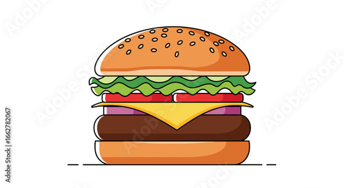 A deliciously stacked cheeseburger with fresh toppings and a sesame seed bun a classic fast food treat