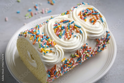 A photograph of a pristine white vanilla cake roll