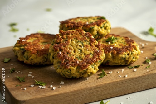 On wooden cutting board, there are several golden-brown, crispy-looking patties