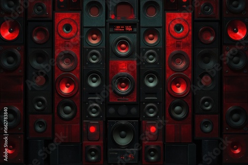 array of large red and black audio speaker units stacked closely together creating a bold and powerful sound system display