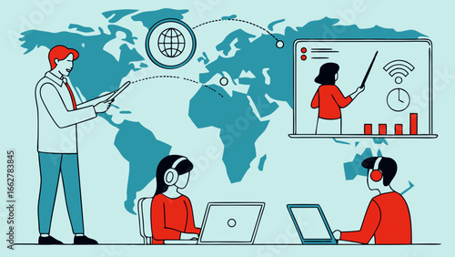 Flat vector illustration of remote tutoring with teacher on virtual whiteboard, students on laptops, video call icons, online classes, and global e-learning education