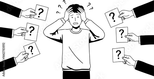 A person feels overwhelmed by many questions  