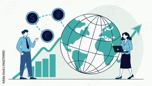 Flat vector illustration of global investment with globe, currency symbols USD EUR GBP JPY, business people analyzing stock markets, world finance, and futuristic economy design