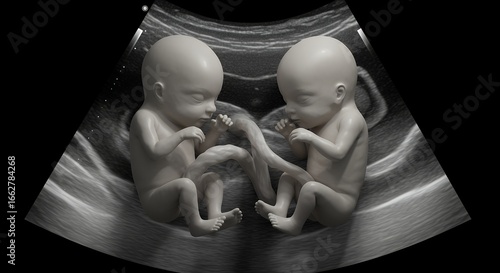 3D Ultrasound Image of Twin Fetuses in Womb Black and White Medical Scan