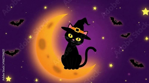  Black Cat with Witch Hat Loopable Halloween Animation of Sitting on Crescent Moon Video
