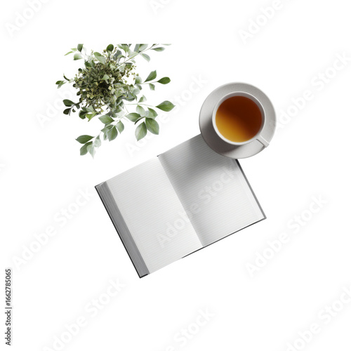 Flatlay of Open Notebook, Cup of Tea, and Greenery