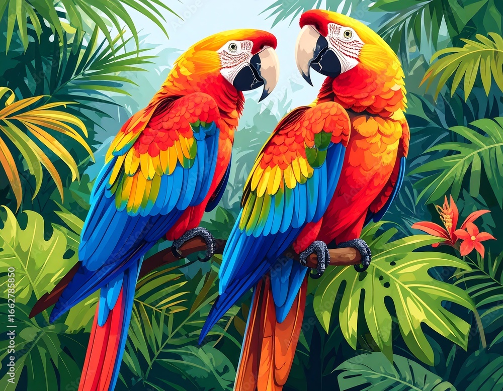 Fototapeta premium Two Macaws Perched in Lush Jungle