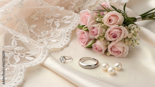 Delicate Flatlay with Blush Pink Lace Veil, Pearl Earrings, Pastel Rose Bouquet, and Silver Engagement Ring on Cream Fabric – Luxury Bridal Editorial