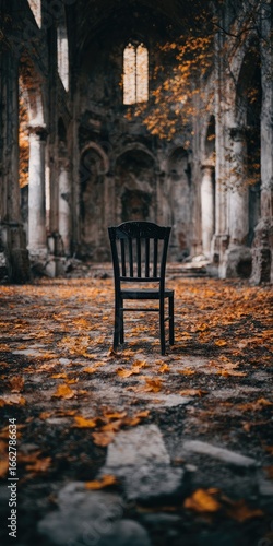Abandoned church interior, single chair amidst autumn leaves