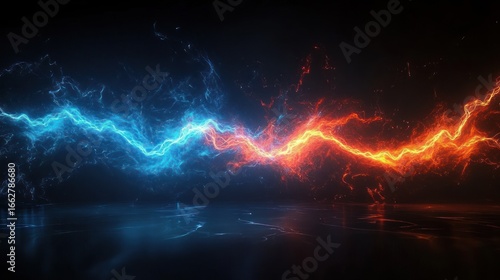 Dynamic clash of vibrant blue and orange electric energy streams meeting in the center against a dark reflective background conveying intense power and conflict