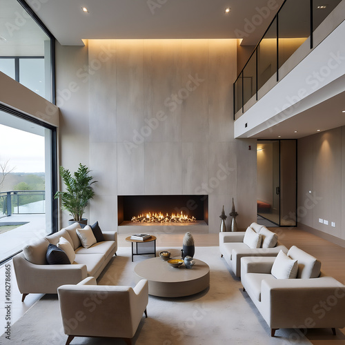 Living room in new luxury home with floor to ceiling fireplace