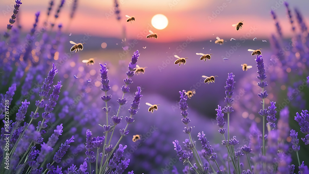 Naklejka premium A close-up view of bees flying over a blooming lavender field at sunset.